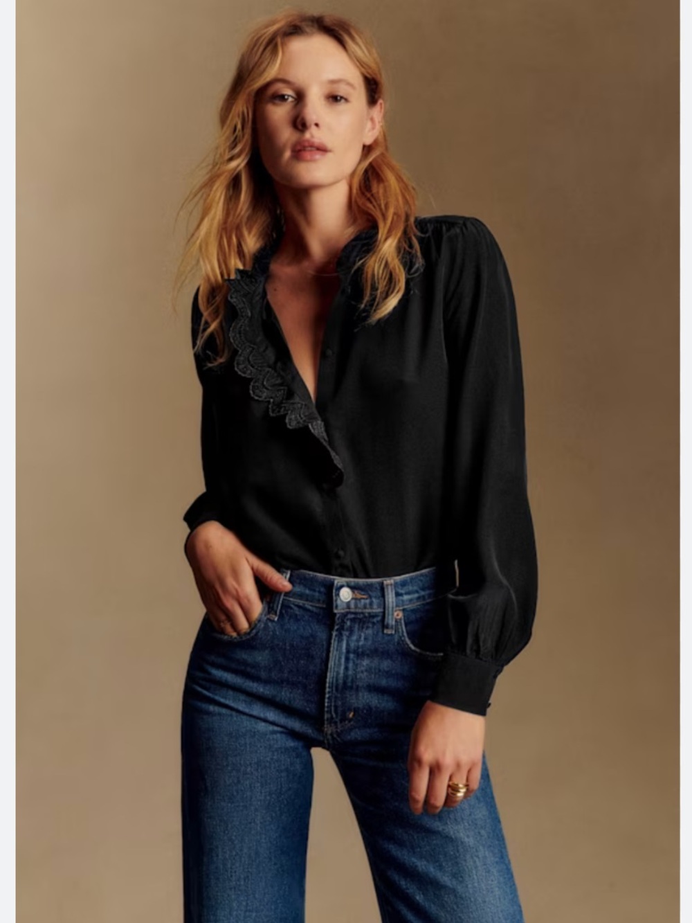 Sezane Chlo Silk Blouse Black Noir French Classic Women's Size EU 36 / US 4